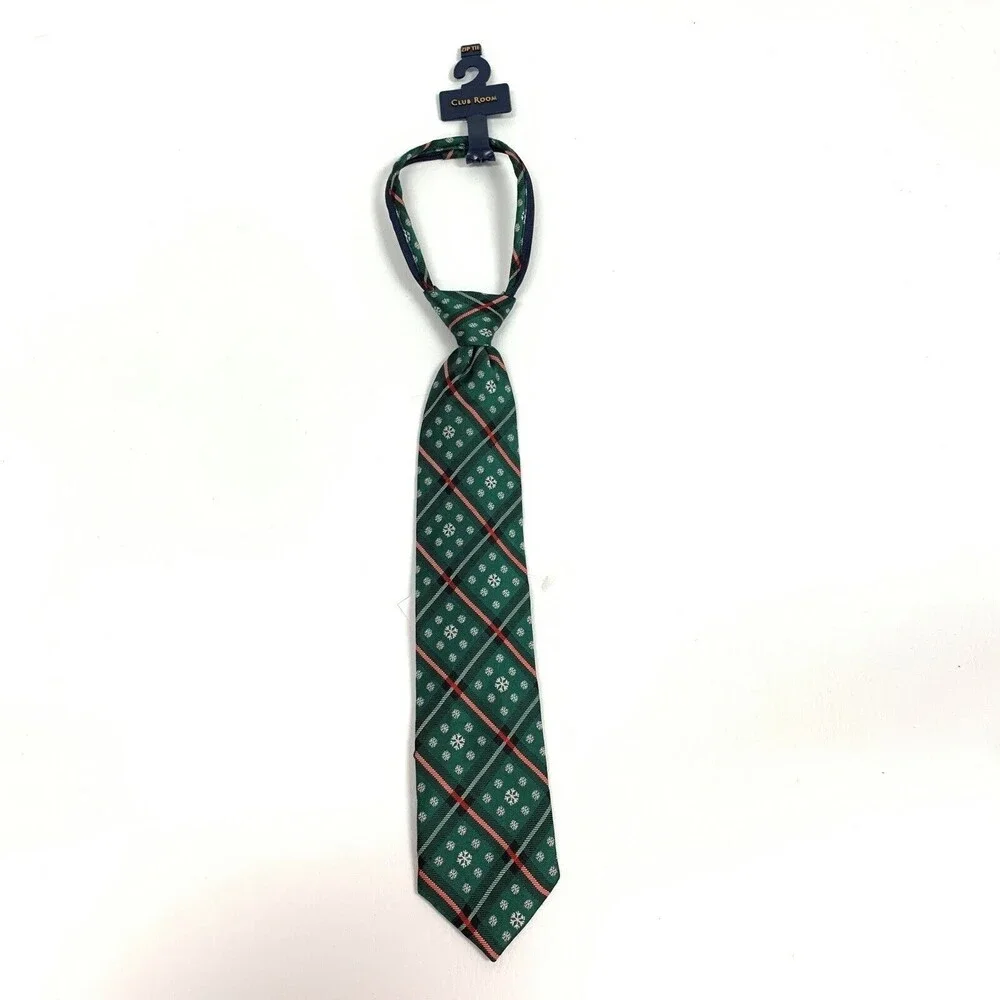 Club‎ Room Boys Zip Tie Green Red White Snowflakes 100% Imported Silk 14